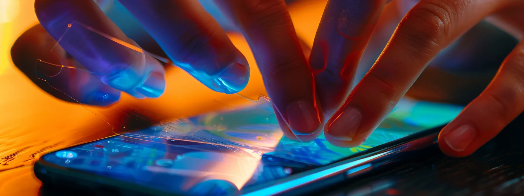 a person carefully applying a screen protector on a new iphone 13.