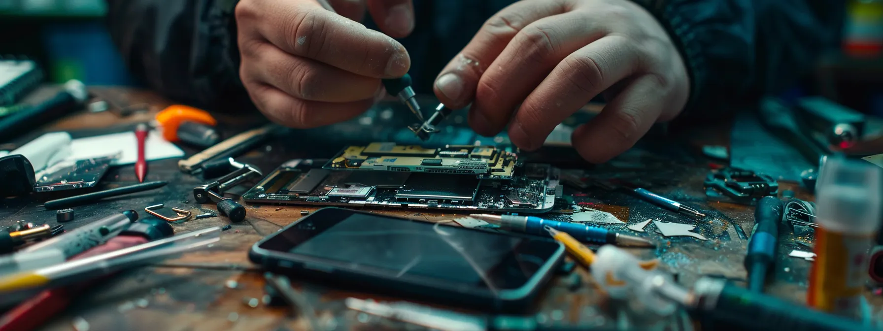 someone carefully disassembling an iphone 14 pro max screen with small tools scattered around.