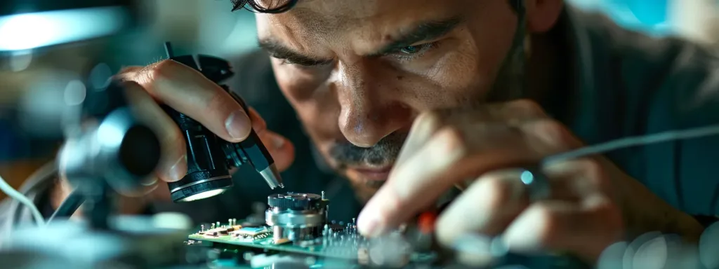 a technician carefully examining and testing a water-damaged phone with precision tools.