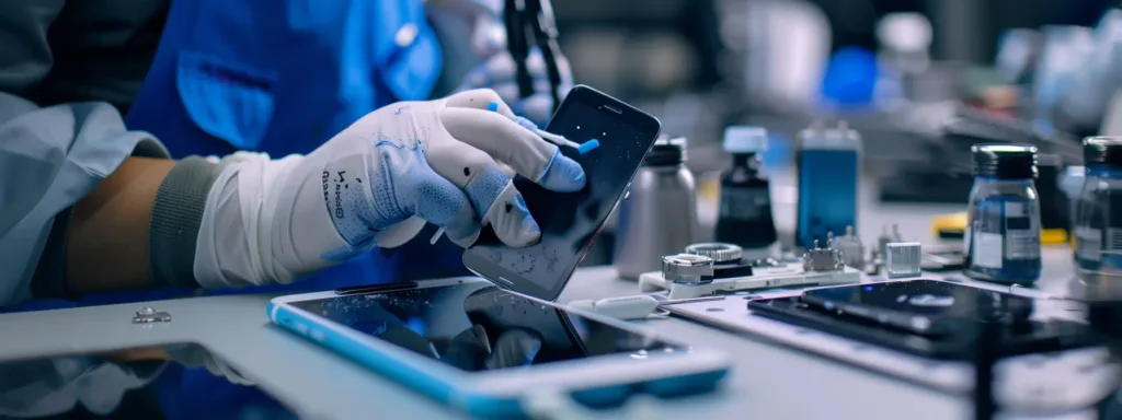 a technician carefully attaches a new screen to an iphone 13.