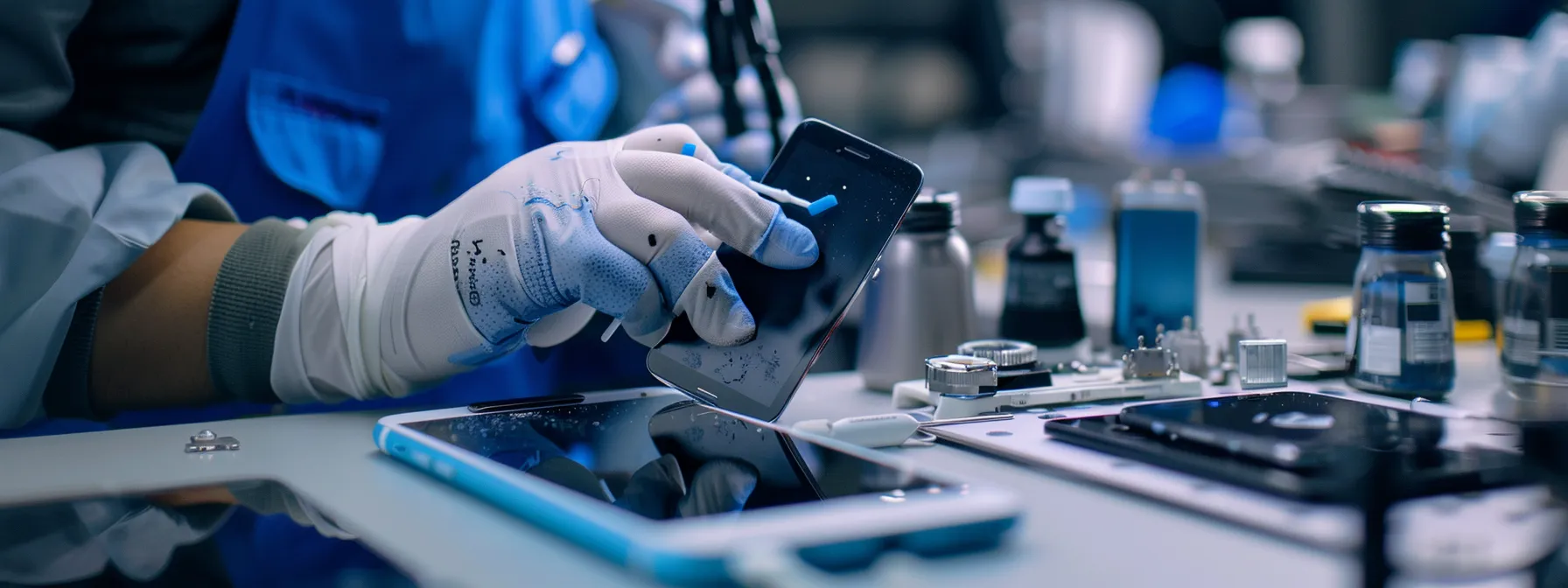 a technician carefully attaches a new screen to an iphone 13.