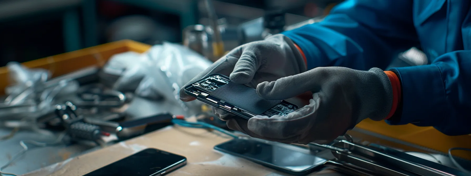technician reassembling iphone after screen replacement.