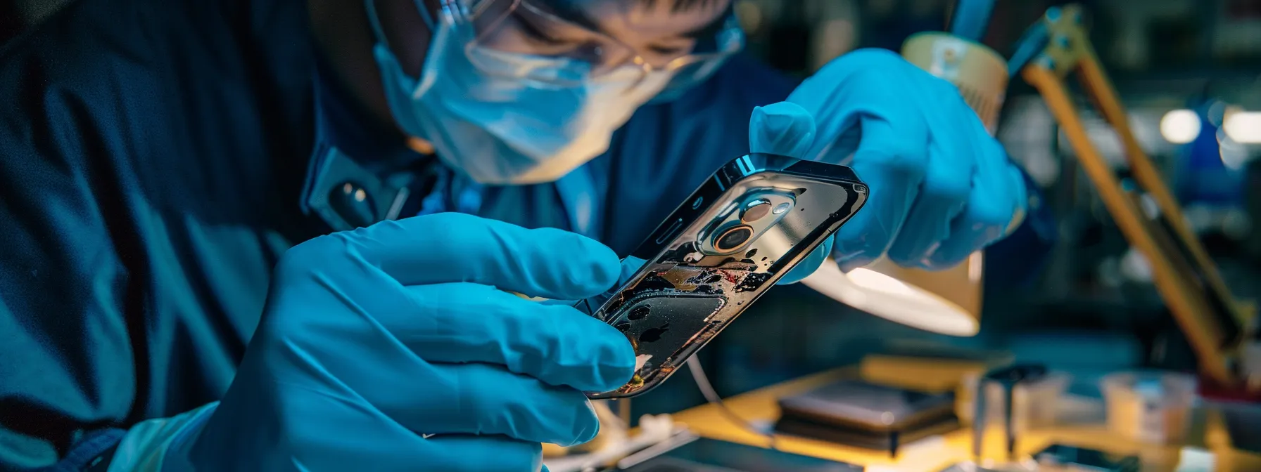 a professional technician carefully examining an opened iphone 14 pro max for water damage.