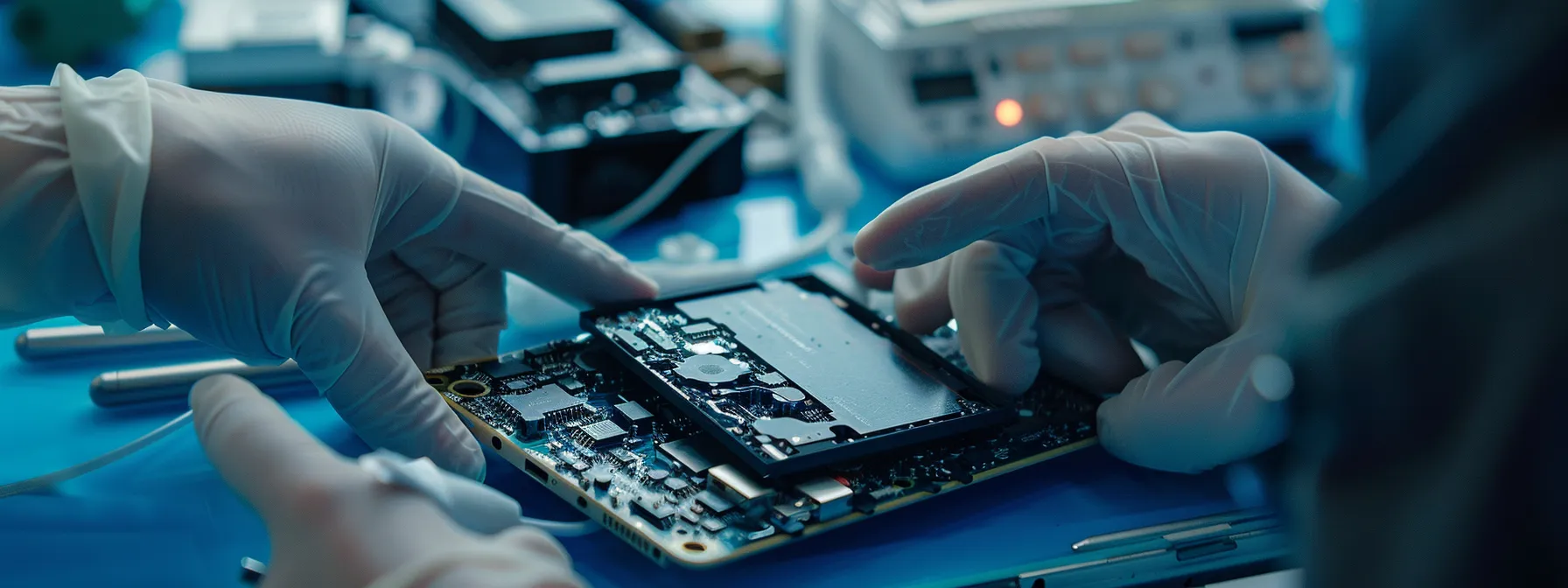 a technician carefully disassembling an iphone 14 pro max for battery replacement.