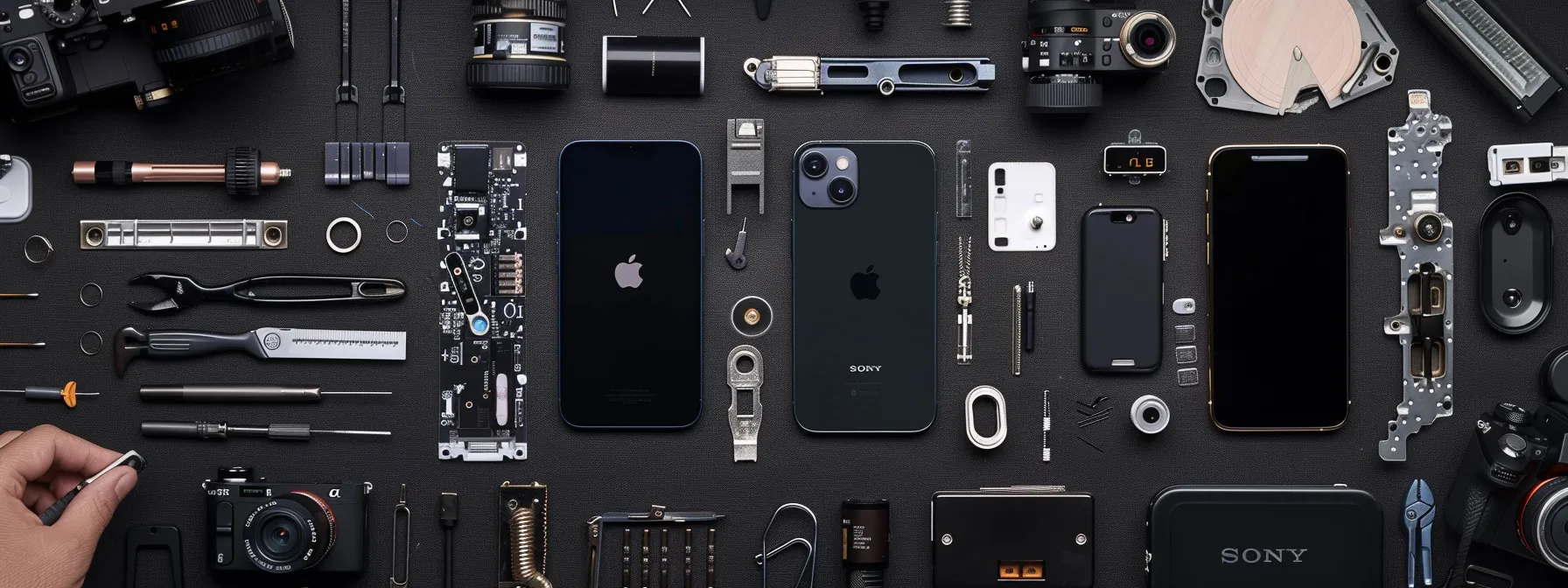 a person lays out necessary tools and parts on a table before replacing an iphone 13 screen.